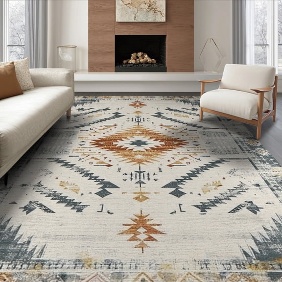 ODIKA 8'x10' Washable Area Rug Round Southwestern Cow Spotted Decorative Border Abstract Inspired for King Size Bedroom Under Bed, Master Suite, Non-Shedding, Easy Care