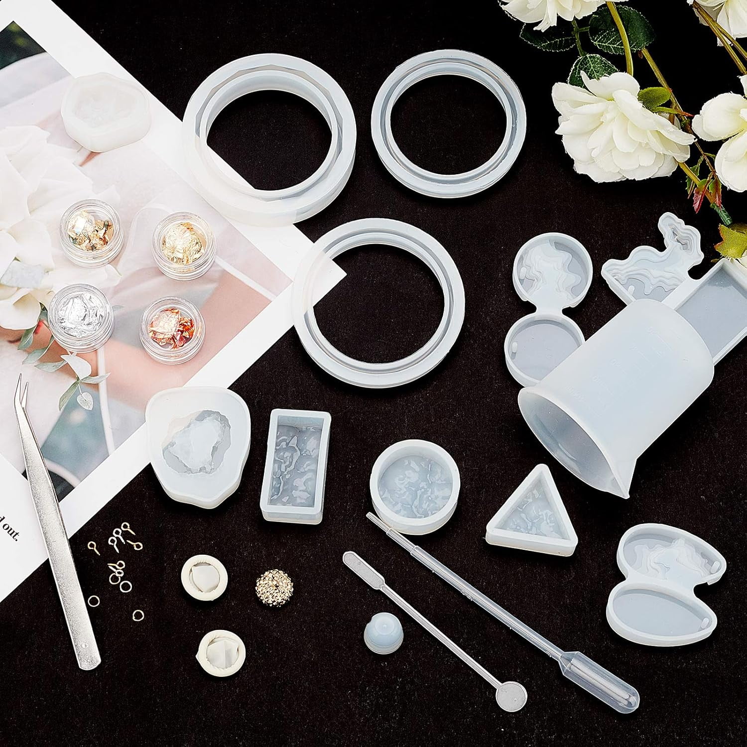 DIY Silicone Bangle Molds Kits Resin Casting Molds Epoxy Resin Jewelry Making with Latex Finger Cots Plastic Measuring Cup Pipettes Nail Art Glitter Decoration 1 Set