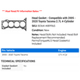 thumbnail image 2 of Head Gasket - Compatible with 2005 - 2020 Toyota Tacoma 2.7L 4-Cylinder 2006 2007 2008 2009 2010 2011 2012 2013 2014 2015 2016 2017 2018 2019, 2 of 2
