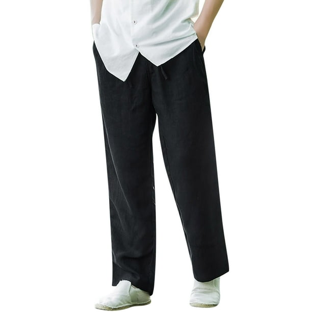 Pantalones informales de lino con cordón para hombre - Cintura elástica, bolsillos laterales - Ligeros y transpirables - Para la playa, el yoga y el verano
