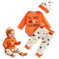 thumbnail image 2 of Ulanda Newborn Baby Boy First Halloween Outfit Ghost Pumpkin Printed Long Sleeve Romper and Pants Hat 3PCS Set (Red, 3-6 Months), 2 of 9