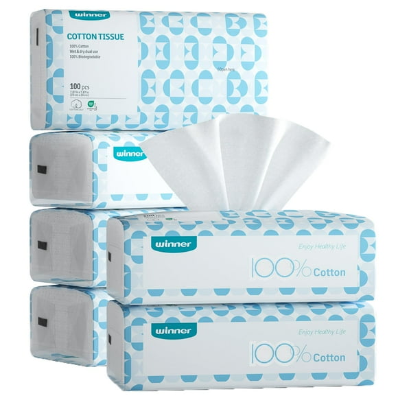 Winner Serviettes pour le Visage Douces - Lingettes Sèches 100 % Coton USA, 600 Unités de Mouchoirs en Coton Non Parfumés pour Peau Sensible, Lingettes pour le Visage Jetables Certifiées OEKO-TEX, Démaquillant