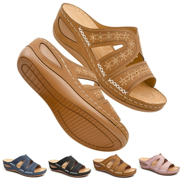CHICVOMEY Floral Cut-Out Wedge Sandals for Women Arch Support Slip-On Sandals Comfort Summer Casual Shoes Open Toe Sandals Lightweight Cushioning