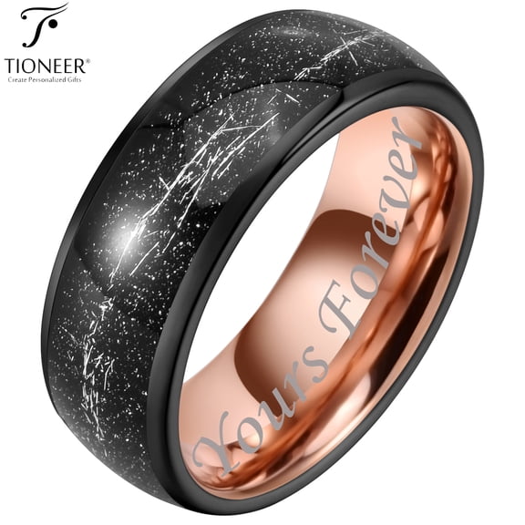 Tungsten Carbide Black and Rose Gold w/ Galaxy Silver Foil Fragments Inlay 8mm Band w/ Free Engraving Options