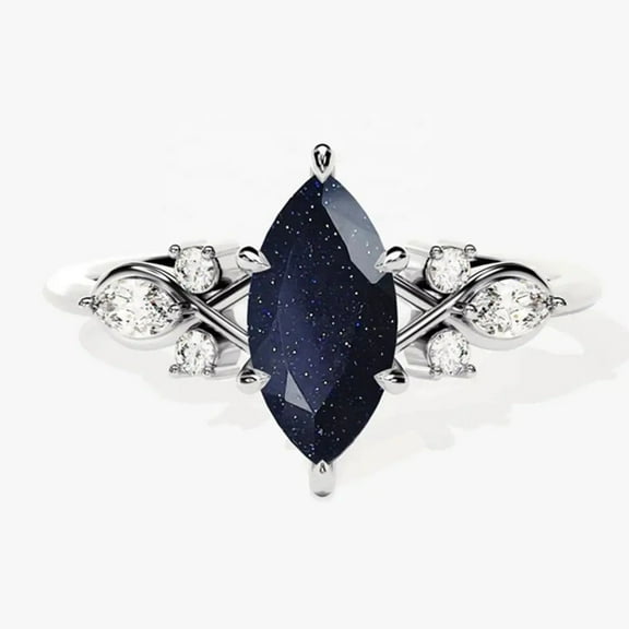 Marquise-Cut Lab-Created Blue Sandstone & Diamond Vintage Ring in 925 Sterling Silver – Engagement, Anniversary, Promise Ring for Her, Elegant Vintage-Inspired Jewelry