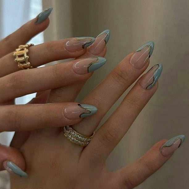 Almond Press On Nail Glossy Acrylic False Nail French Tip Stick On Nail 24Pcs Thanksgiving Nail Art Decoration