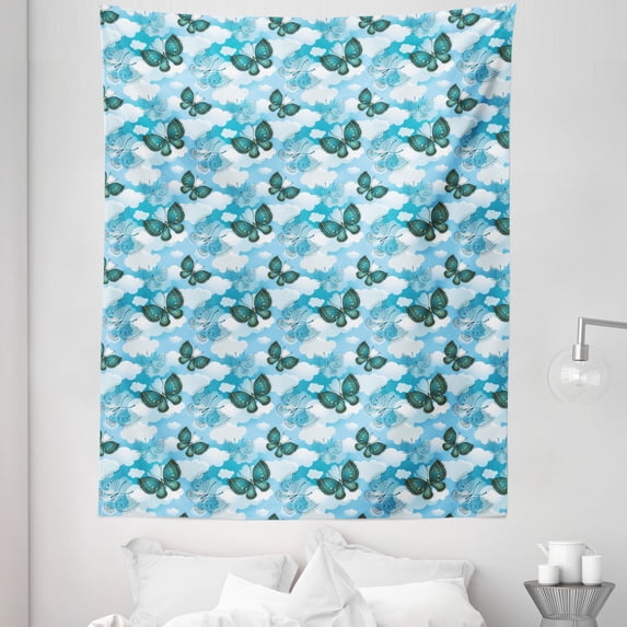 Butterfly Tapestry, Floral Ornamental Moths in Sky with Clouds, Fabric Wall Hanging Decor for Bedroom Living Room Dorm, 5 Sizes, Sky Blue Dark Teal, by Ambesonne