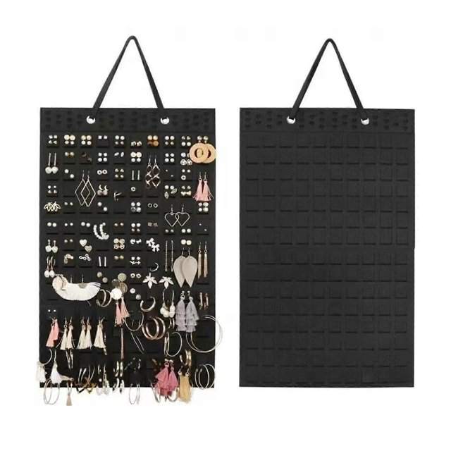 Hanging Jewellery Organiser Earring Storage Hanging Bag Wall Mounted Jewellery Hanging Bag Necklace Ring Storage Bag (Black) One Size Black