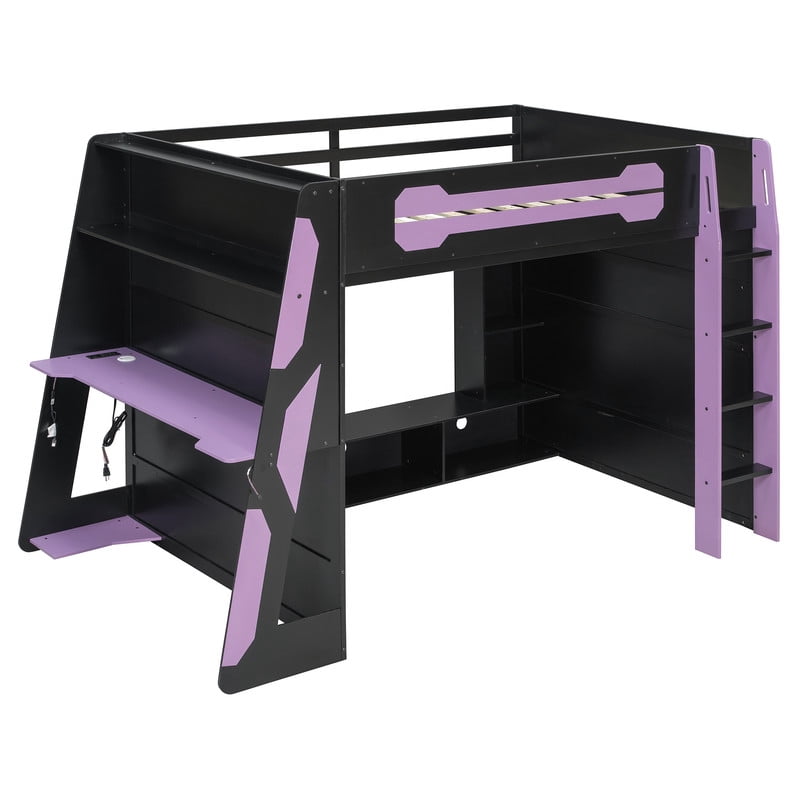 Full Size Loft Bed with Desk and RGB LED Lights, Wood Gaming Loft Bed Frame with Storage Shelves, TV Console Space and Multi-Functional Study Workstation for Teens Bedroom
