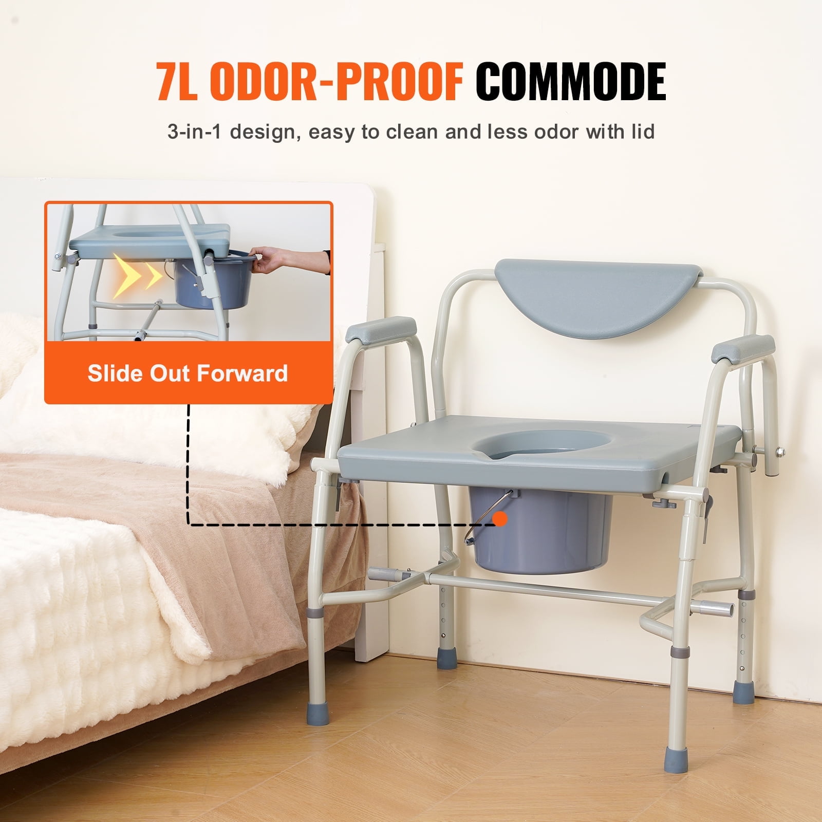 KFFKFF Portable Commode Chair, Adjustable Height with 5 Levels, Drop-Arm Design, Detachable Backrest, 7L Easy-Clean Bucket, Quick Assembly, Supports up to 1000lbs, Ideal for Elderly and Adults
