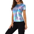 thumbnail image 3 of INSPIRE CHIC Women's Clubwear Short Sleeve Shiny Metallic Top L Blue, 3 of 6
