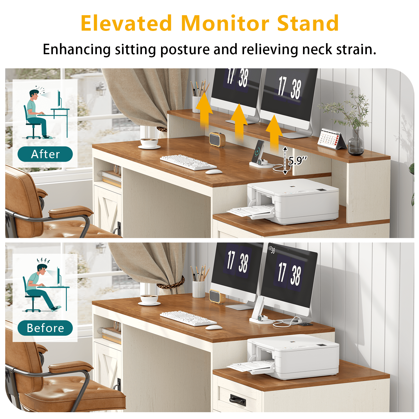 Farmhouse Computer Desk with Drawers, 65'' Home Office Desk with Power Outlets, Storage Cabinet and Printer Stand, Study Writing Desks with Long Monitor Stand, Brown and White
