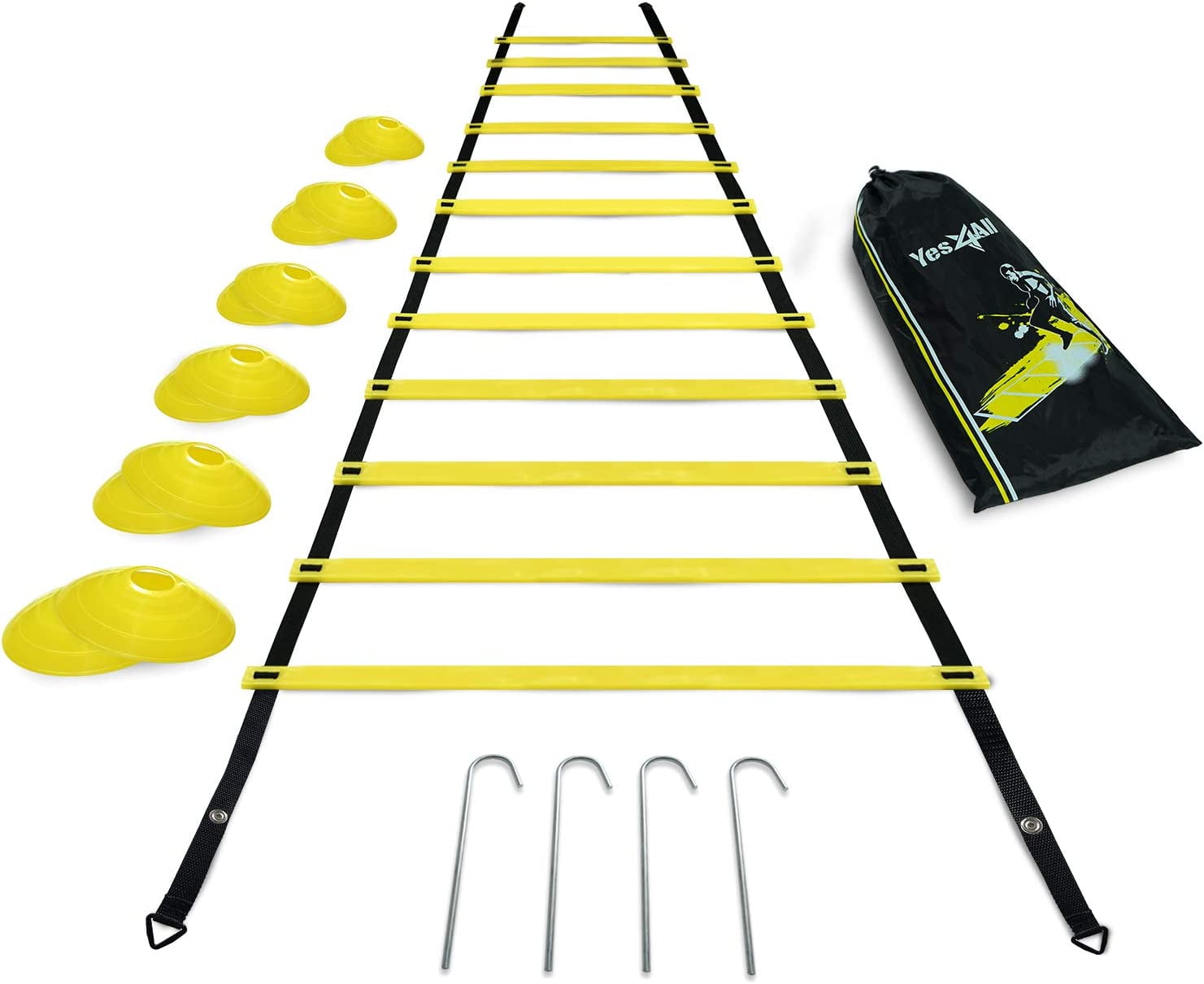 Yes4All Agility Ladder 12 Rungs Yellow + Agility 12 Cones Yellow + Steel Stakes Combo
