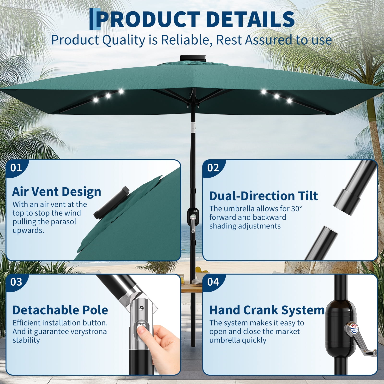 10' x 6.5' Rectangular Patio Umbrella, Outdoor Table Umbrella with Crank and Push Button Tilt, Market Umbrella Sun Umbrella with 6 Sturdy Ribs Tilt for Garden, Deck, Lawn, Pool