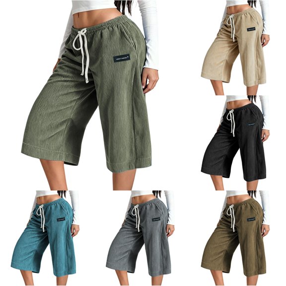WERYOUNG Capri Pants For Women Drawstring Elastic Waist Straight Leg Trousers Palazzo Pants For Women Everyday Wear Breathable Bottom L