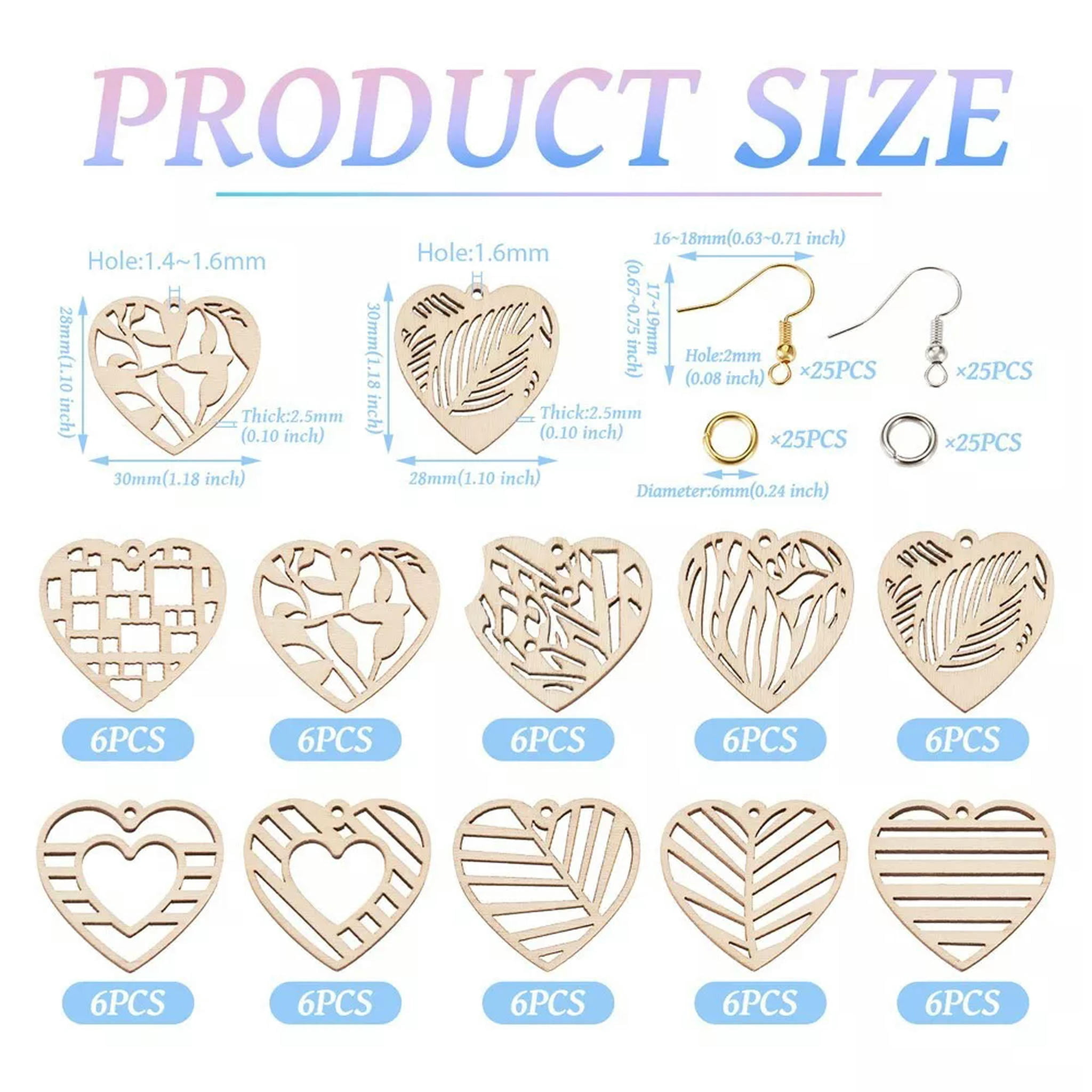 EOEMY 1 Box Undyed Burlywood Natural Wood Hollow Heart Dangle Earrings Diy Making Kit