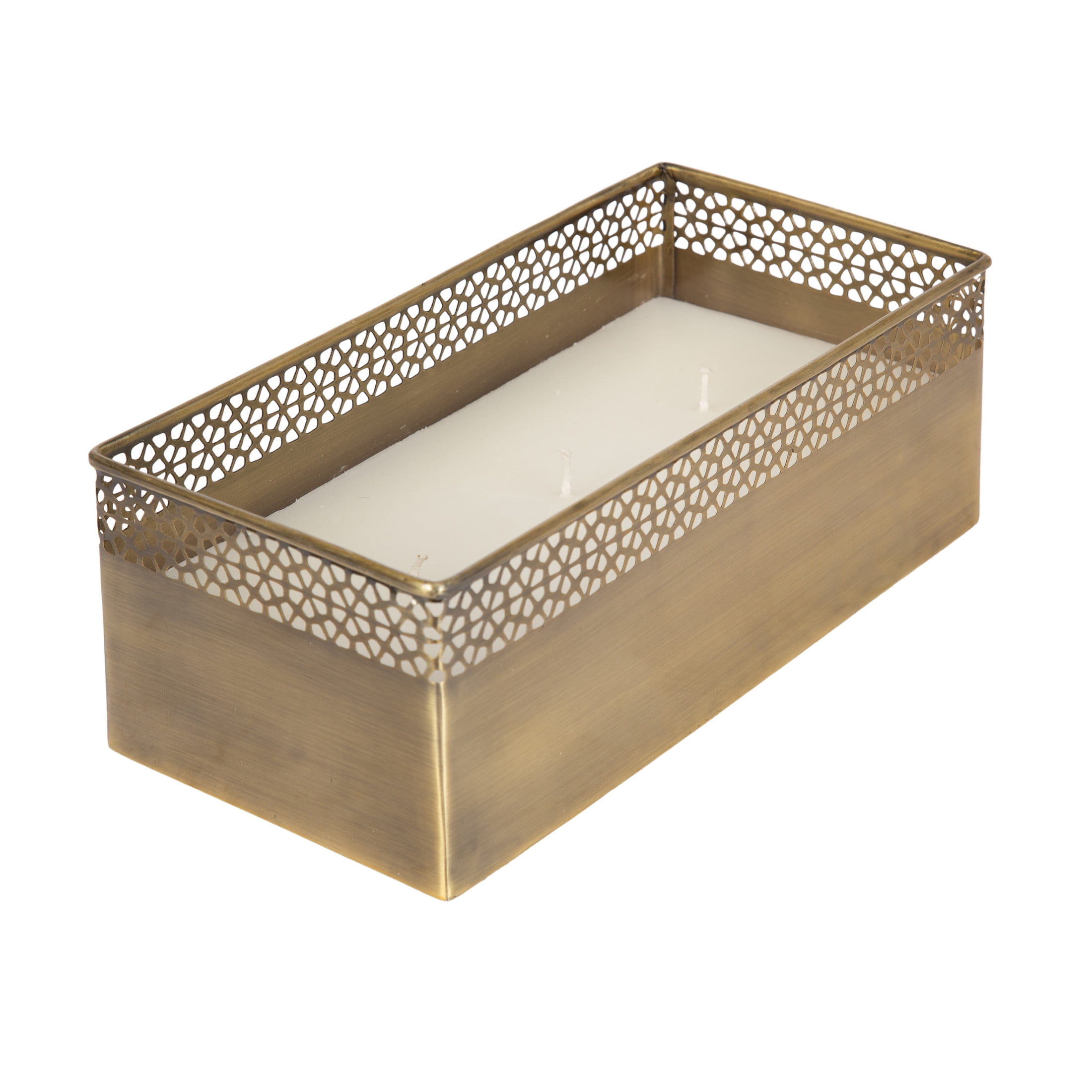 Kate and Laurel Pearce Rectangle Unscented Candle, 11 x 6 x 4, Antique Brass, Large Three-Wick Candle with Decorative Metal Vessel for Living Room Decor
