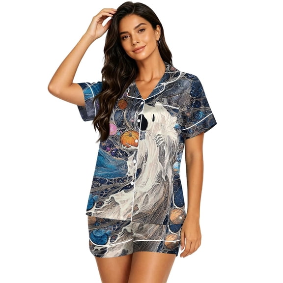 MVRLSH Womens Pajama Sets for Women 2 Piece Halloween Print Button Waist Short Sleeve Top And Shorts wear Sleepwear Soft Sleepwear Lounge Set Purple - XXL