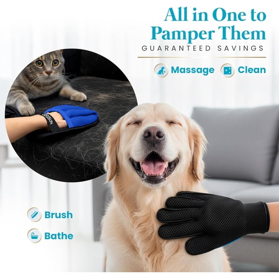 Pet Hair Remover Gloves System – 3-in-1 Set: 2 Grooming Mitts   1 Reusable Pad for Dogs, Cats & Horses