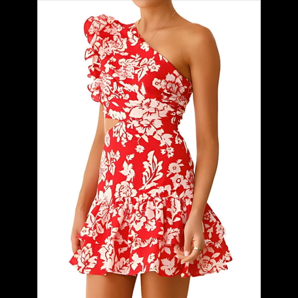 Vestido Corto Bohemio Informal de Verano con Estampado Floral, Sin Mangas y Volantes. Rojo L