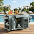 thumbnail image 3 of Homy Casa Kitchen Serving Cart with Trash Can Storage Cabinet, Drawers, Power Outlet, Gray Blue, 3 of 8