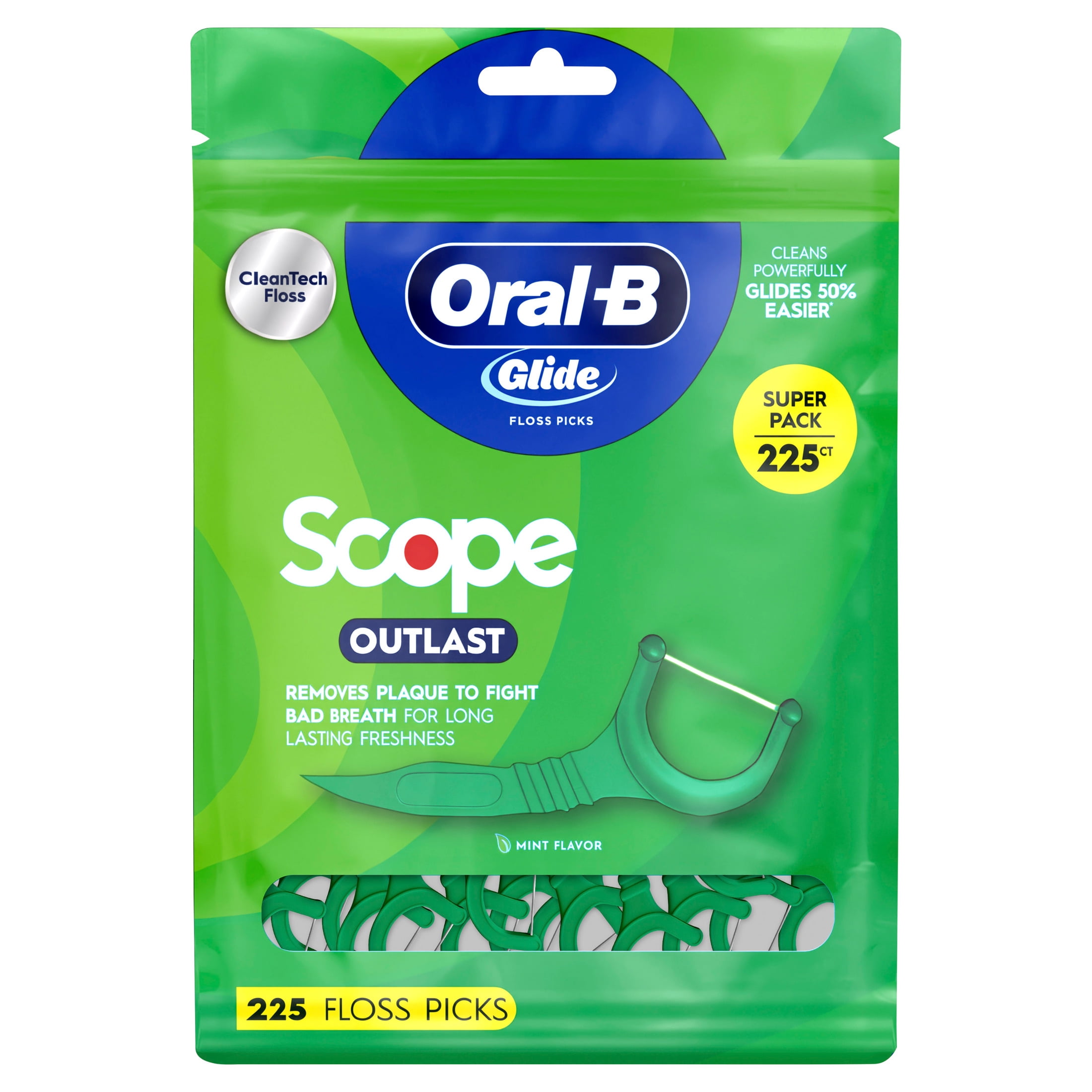Oral-B Floss, Glide with Scope Outlast Dental Floss Picks, 225 Picks