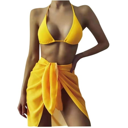 Jamicy Gifts for Wives Women s Bikini Three Piece Solid Color Split Swimsuit Triangle Bikini Hip Wrapped Mesh Cover-up Short Skirt Women s Bikini Three Piece Set