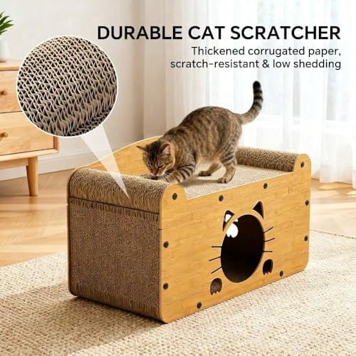 Cat Scratcher House, 2 in 1 Cat Bed and Cave, Wooden Scratching Board for Kittens and Adult Cats