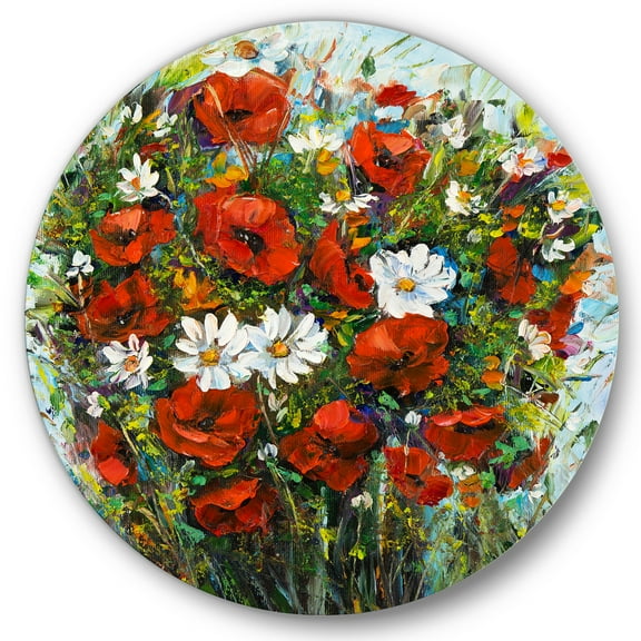 Designart 'Bouquet Of White and Red Wildflowers' Traditional Circle Metal Wall Art 36x36 - Disc of 36