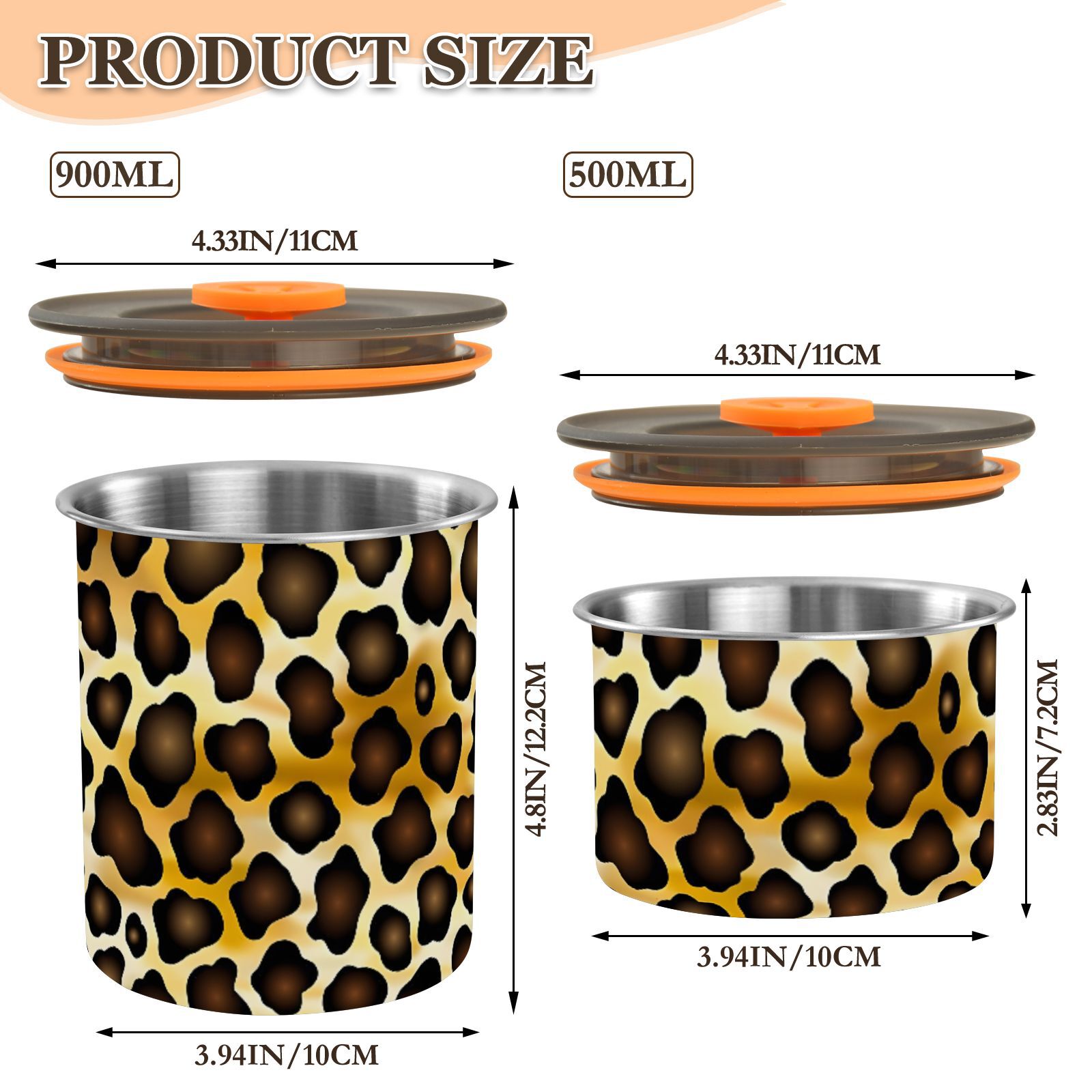 Leopard Brown Cheetah Print Airtight Coffee Bean Canister 30oz Food Storage Containers with Lids For Gournd, Tea, Sugar, Flour, Rice, Cereal, Candy Cookie Jar