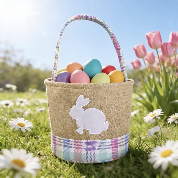 YHAICO Easter Tote Bags Gift Storage Handbag Easter Basket Rabbits-Shaped Gift Baskets Baskets with Handle Colorful Fillable Egg Surprise Easter Decoration Basket Striped Egg Storage for Easter