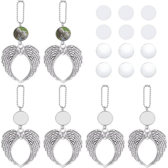 6 Sets Sublimation Trays Pendant Set Rhinestone Bezel Wing Pendant Trays Set Memorial Sublimation Blanks Bulk Angel Wings Keychain Making Kit