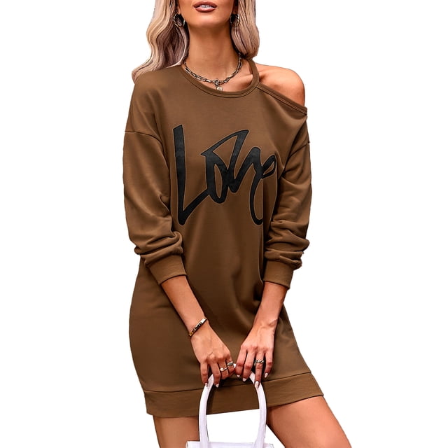Vestido sudadera con hombros descubiertos Manga larga Cuello redondo Mini vestido suéter suelto informal para mujer Color caramelo M