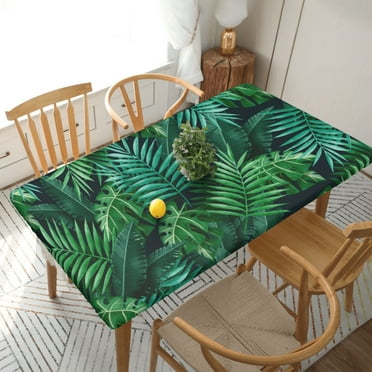 YFYANG 5FT Rectangular Table Cloth, Waterproof Polyester Tropical Green Leaf Texture Table Cover, Indoor Outdoor Decorative Tablecloths with Elastic Edge