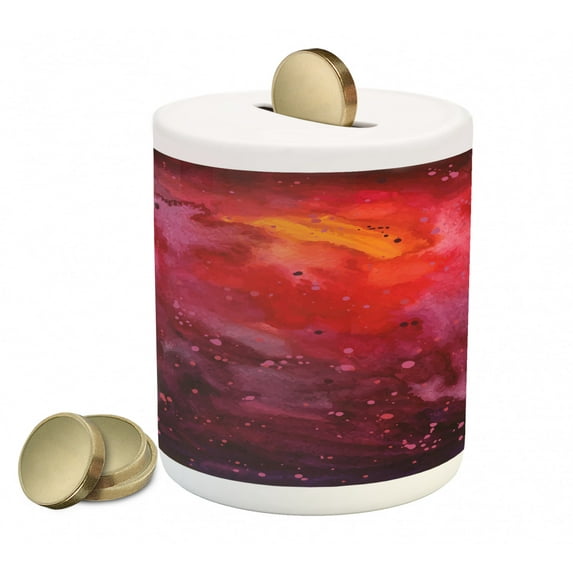 Outer Space Piggy Bank, Cosmos Milky Way Galaxy Abstract Stardust in Watercolor Design, Ceramic Coin Bank Money Box for Cash Saving, 3.6" X 3.2", Lavender Orange Mustard, by Ambesonne