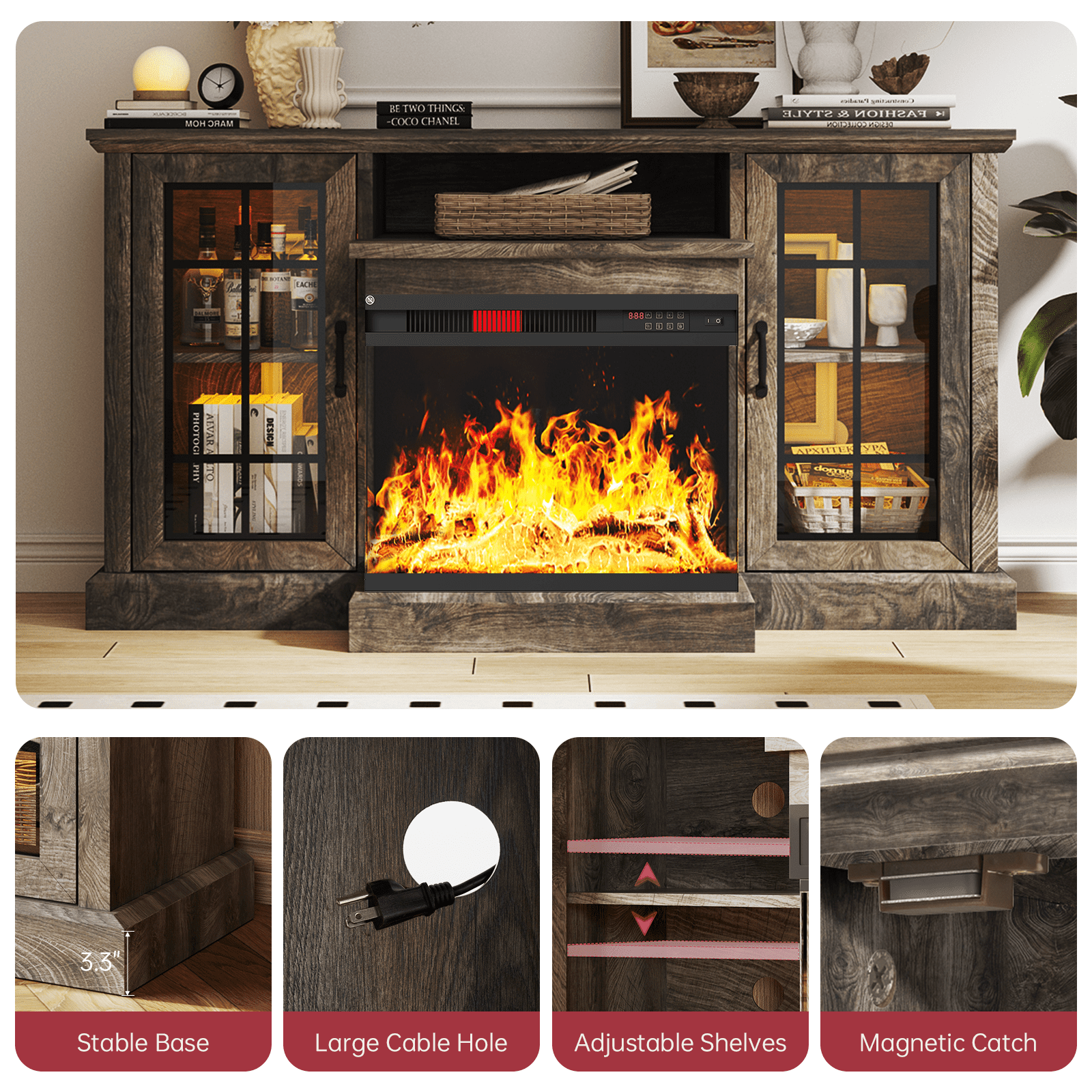 Easoger Fireplace TV Stand for TVs up to 65", 12 Flame Colors&12 LED Light Colors, TV Console with 3-Sided Glass Fireplace, for Living Room, Gray