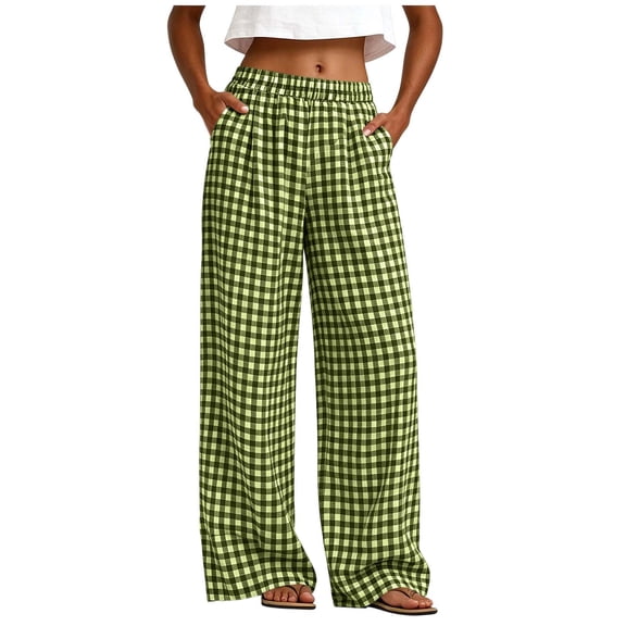 Kezqiaxn Wide Leg Pants Woman Stretchy Checkered Elastic Waist Loose Lounge Pants with Pockets Fashion Clothing