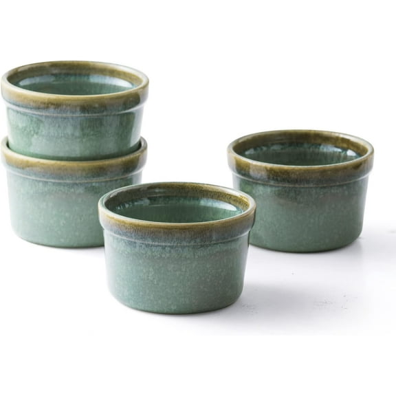 Ramekins 8 oz Oven Safe for Creme Brulee, Souffle Dishes - Ceramic Baking Bowls Set of 4 for Pudding Cups, Custard, Ice Cream, Dips and Appetizers - Light Green