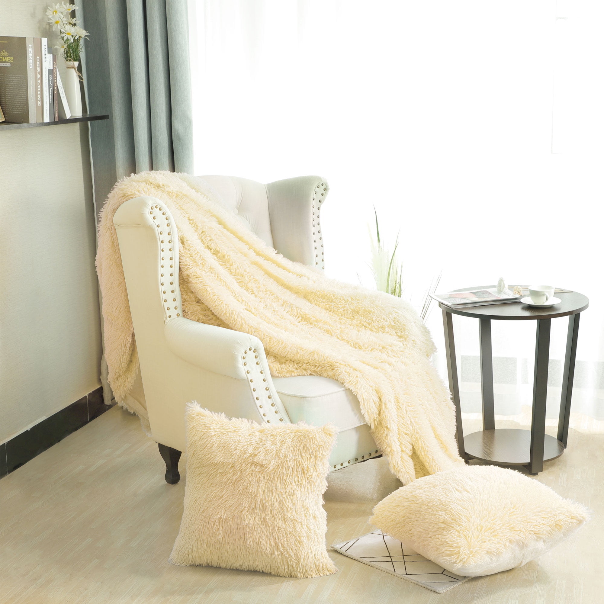 Lightweight Soft Shaggy Faux Fur Pale Yellow Throw Blanket With Pillow Case Set Walmartcom Walmartcom