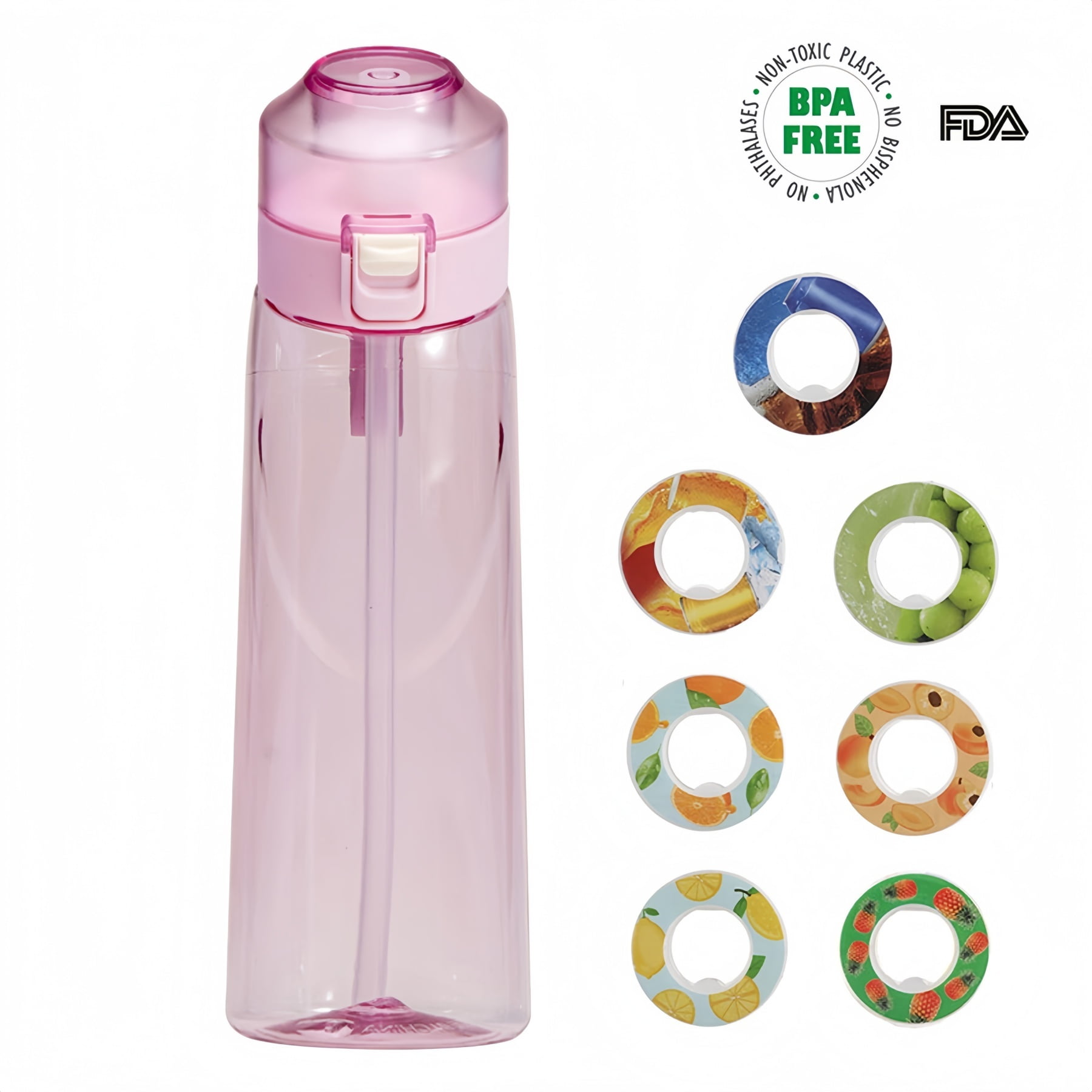Clear Scented Water Bottle with 7 Flavor Pods - 650ml BPA-Free Tritan Sports Bottle, Leakproof Fruit Aroma Cup for Fitness, Gym & Outdoor (Pink)