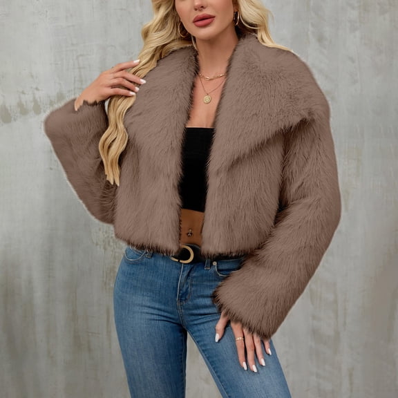 Women Lapel Open Front Short Faux Fur Coat Long Sleeve Warm Fluffy Winter Outwear