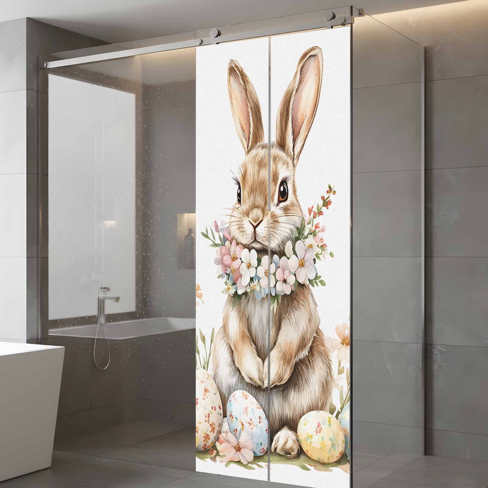 Easter Bunny Window Privacy Film, Eggs Wreath Frosted Glass Window Clings Static Cling UV Heat Blocking Reusable Door Sticker for Bathroom 23.6 x 59 Inch