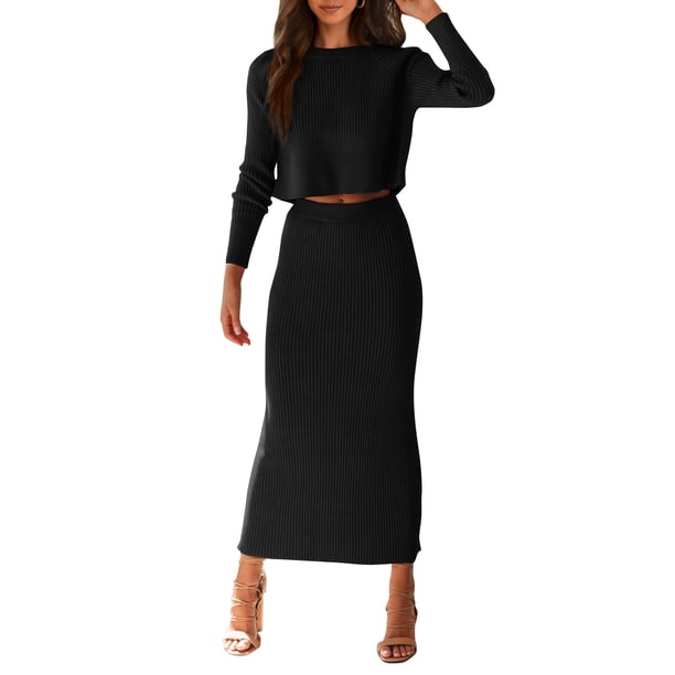Conjunto de Suéter Mujer PRETTYGARDEN Top Corto y Falda de Punto Canalé XL Negro
