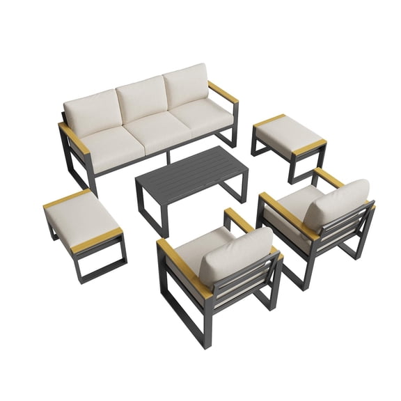 7-Seater Aluminum Patio Furniture Set, Outdoor Conversation Sectional Sofa with Coffee Table, All-Weather Metal Frame for Balcony, Garden, Deck & Backyard, Beige