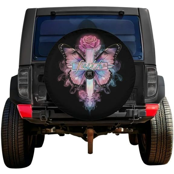 Lotusprinthandmade Christian Faith and Rose Design Spare Tire Cover With Backup Camera Hole 6 Sizes (27 in.), Religious Floral Wheel Protector