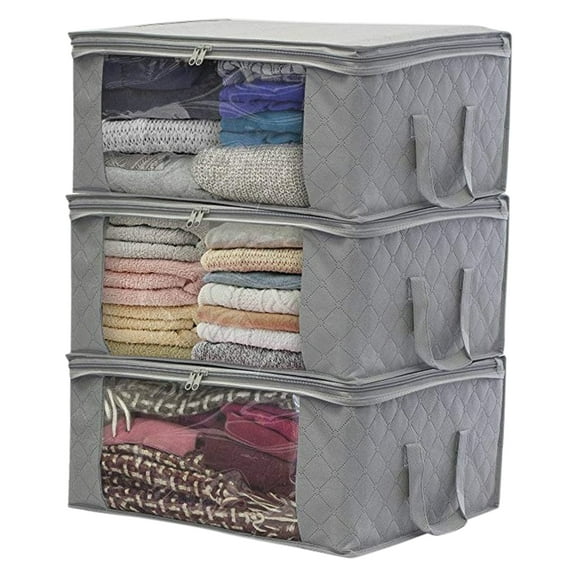 Large Storage Bags, 3 Pack Closet Organizers and Storage, Clothes Foldable Storage Bins with Reinforced Handles, Storage Containers for Clothing, Blanket, Gray