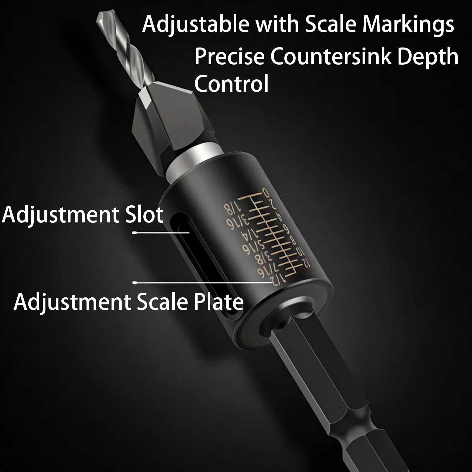 Two-Flute Counterbore with Depth Stop, 4-Piece Countersink Drill Bit Set with Adjustable Depth Collar, HSS Tapered Bits for Woodworking Cabinetry DIY