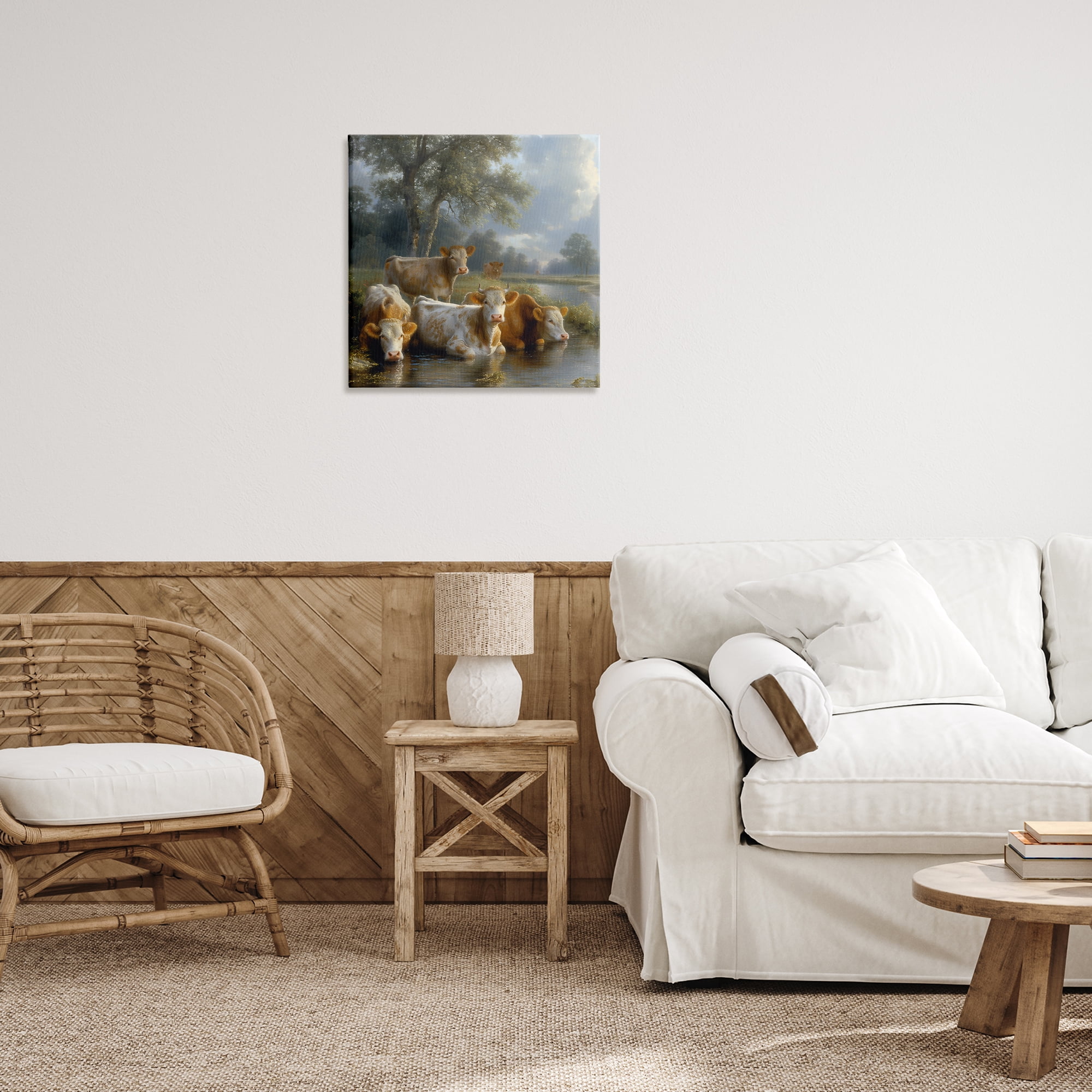 Stupell Industries Cow Family at Creek Animals Painting Wrapped Canvas Art Print Wall Art, 24 x 24
