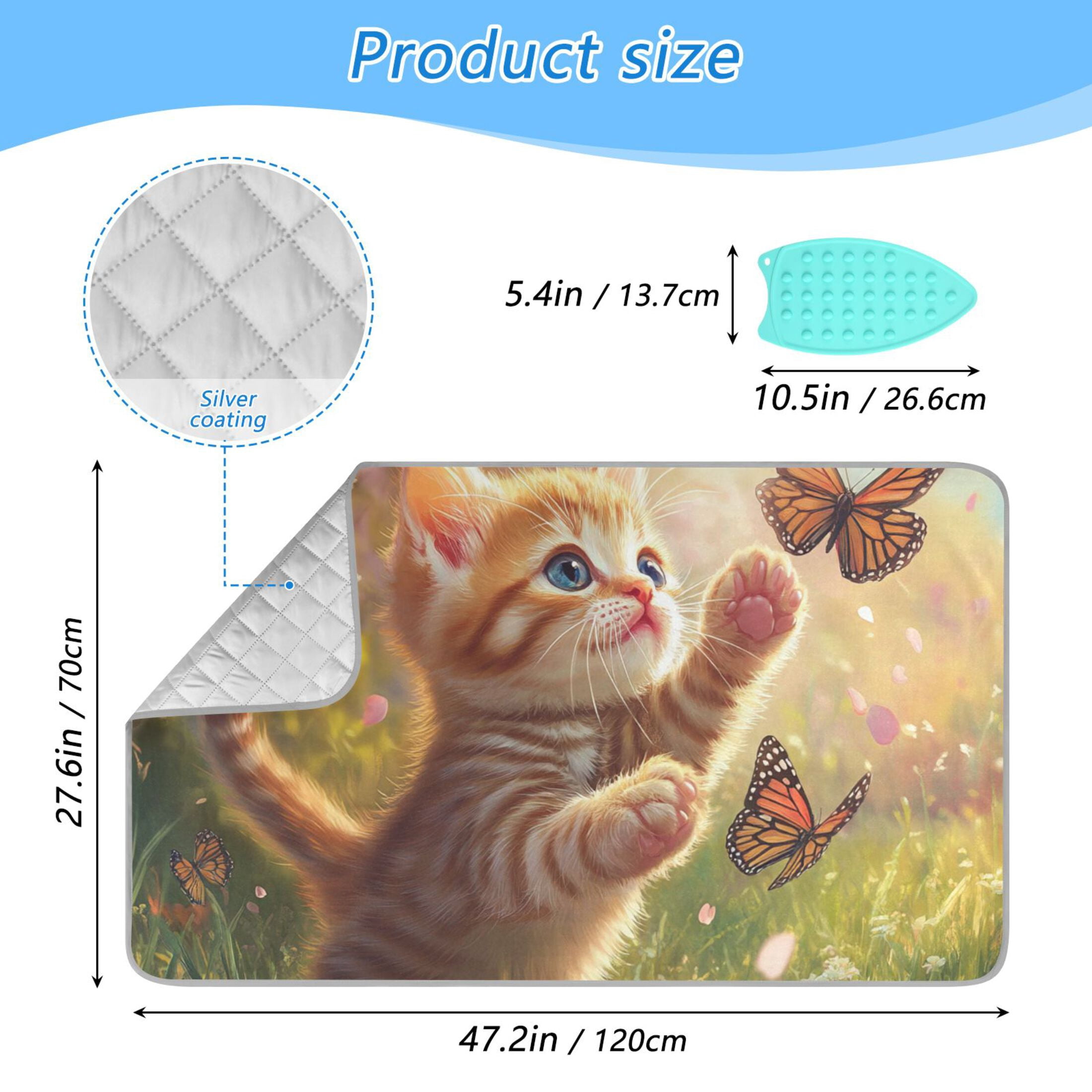 Cute Cat Playing with Butterflies Ironing Mat Blanket Portable Travel Ironing Pad Heat Resistant Pad 47.2" x 27.6”