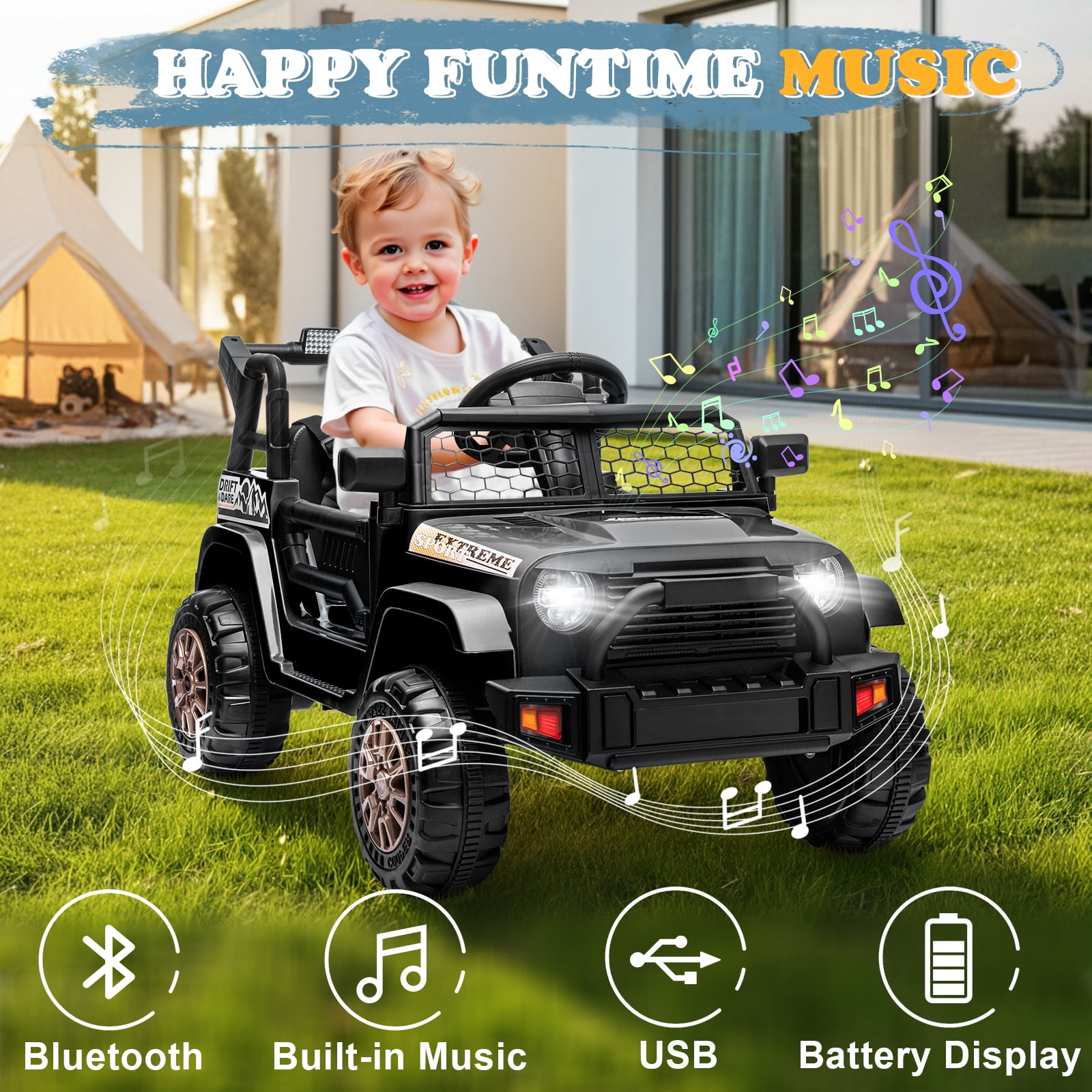 Ktaxon 12V Kids Electric Ride on Car, Battery Powered Ride on Toys Truck with Remote Control, Electric Car for Kids w/Bluetooth & Lights, Black